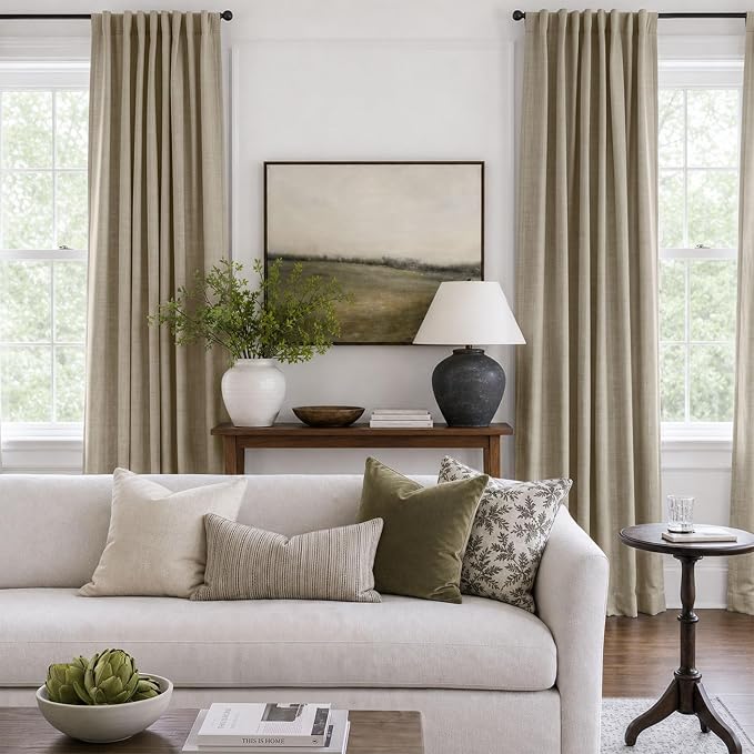 Faux Linen Total Blackout Curtains for Bedroom 84 Inches Long, Plaza Taupe | 100% Blackout Shield, Back Tab/Rod Pocket Living Room Drapes, Thermal Insulated Blackout Curtains 2 Panels Set, 50"W x 84"L