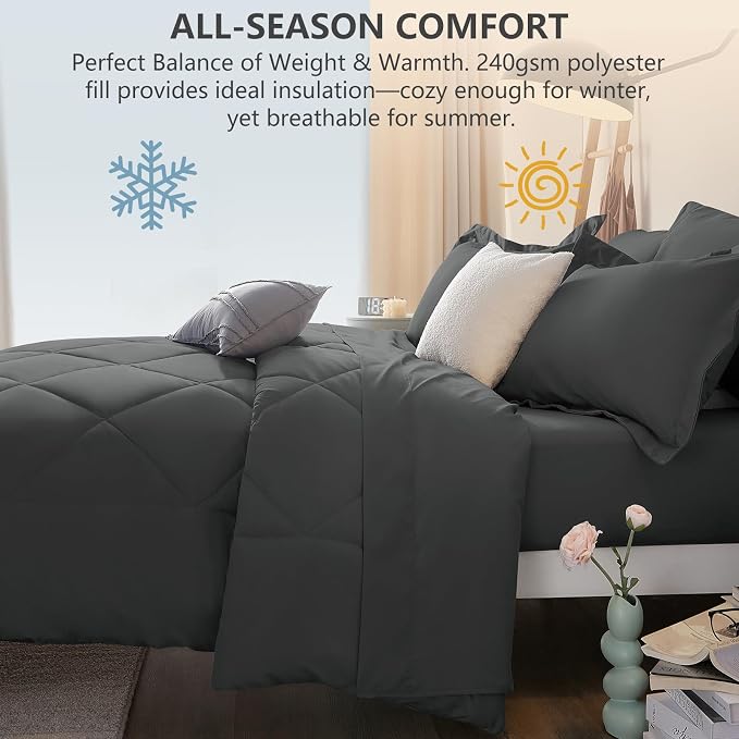 King Size Comforter Set Dark Grey - 7 Pieces Complete Bedding Set | OEKO-TEX Certified, All Season, 240GSM Down-Alternative Comforter, Sheets, Pillowcases & Shams, 14" Deep Pocket, Easy Care
