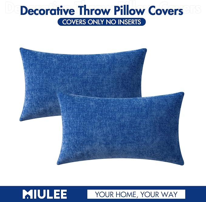 MIULEE Soft Chenille Lumbar Throw Pillow Covers Royal Blue 12x20 Pack of 2 | Modern Home Decor, Classic Decorative Pillows, Solid Dyed Cases, Boho Couch Cushion Covers for Sofa Bed Living Room