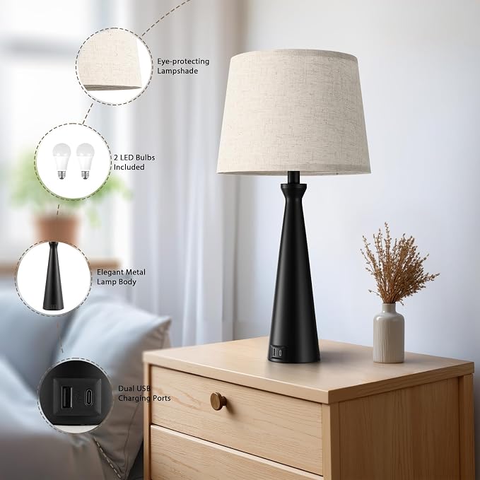 Modern Touch Lamps for Nightstand, 3 Way Dimmable Bedroom Lamp Set of 2 | USB C+A Charging Ports, Black Bedside Lamps for Bedroom, Living Room, End Table, Bed Side, LED Bulb Included
