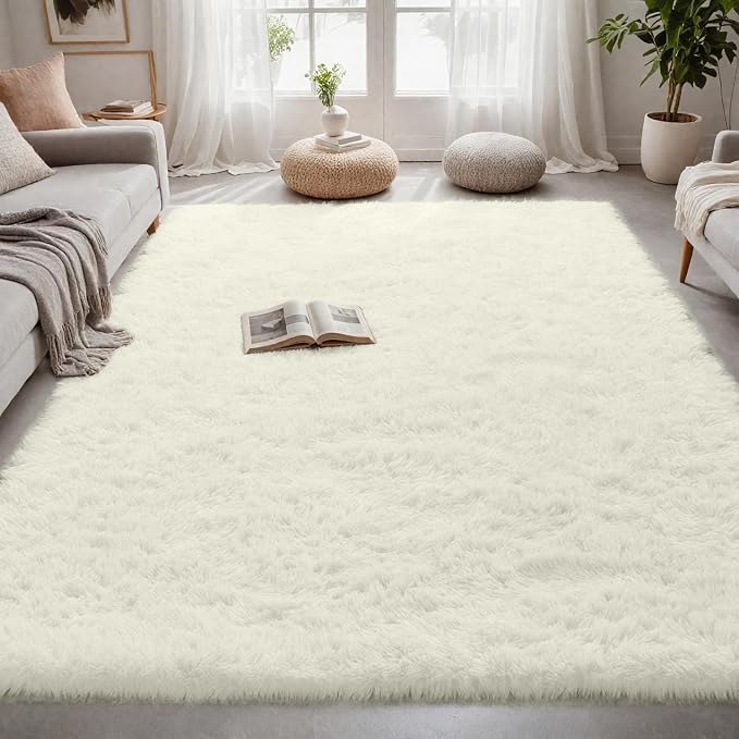 5x7 Fluffy Shag Area Rugs for Living Room Bedroom: Soft Carpet Cream White | Upgraded Non-Slip Thick Memory Foam, Ultra Soft, Non-Shedding Fuzzy Carpet, Easy Clean Decor for Kids Room, Nursery, Playroom