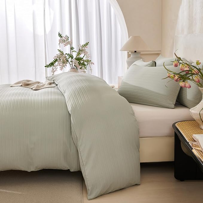 Sage Green King Size Comforter Set Striped Luxury Washed Microfiber Jacquard 3 Pieces Bedding, Sage Green Vertical Ticking Striped Comforter with 2 Pillowcases Soft Breathable Durable Comfy
