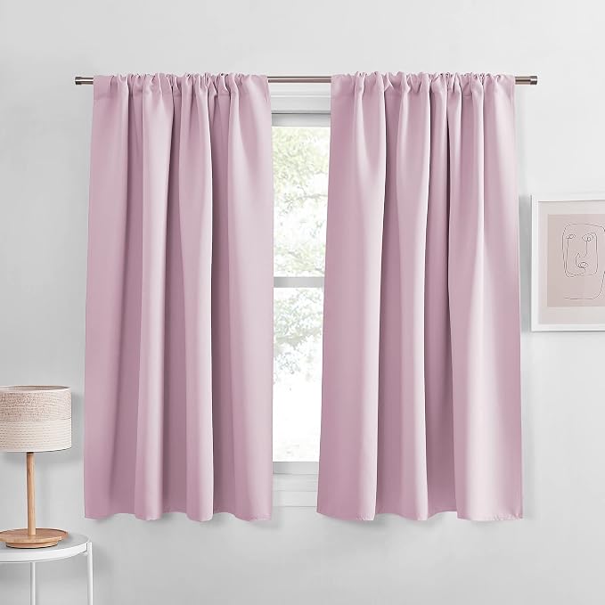 PONY DANCE Room Darkening Curtains - Kitchen Solid Thermal Draperies Rod Pocket Short Panels Drapes for Bedroom Window Treatments, 52 W by 54-inches L, Light Pink, Set of 2