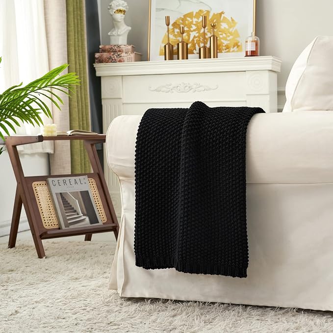 Chunky Cable Knit Throw Blanket Lightweight Black 100% Organic Cotton Blanket for Sofa Couch Bed Baby Nursery, Rustic Shabby Chic Modern Farmhouse, 51” x 63” Give Laundering Bag