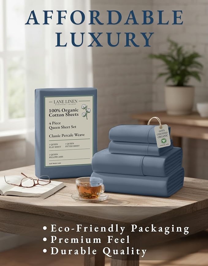 LANE LINEN Queen Bed Sheet Set 100% Organic Cotton 4pc Soft - Estate Blue | Queen Sheets In GOTS Certified Organic Cotton Percale - Crisp Cool Percale Weave, Great For Gifting, Crisp, Cool & Breathable
