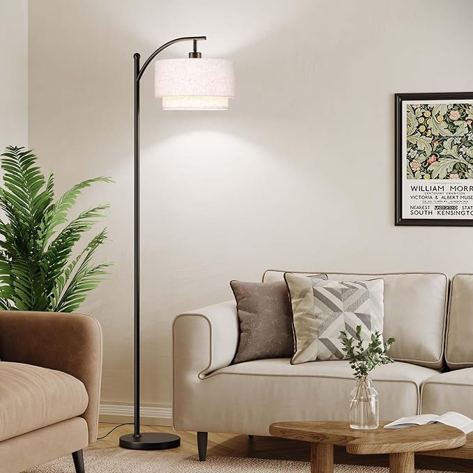 SUNMORY Floor Lamps for Living Room with 12W LED Bulb, Arc Lamp with 3 CCT | Modern Floor Lamps with Adjustable Double Fabric Shades, Industrial Arched Lamp, Tall Standing Lamp for Bedroom, Corner