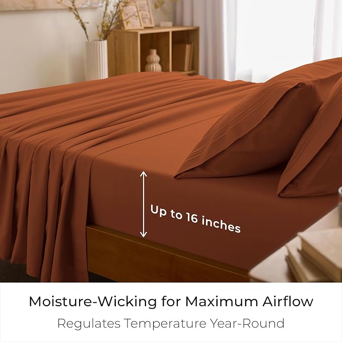 Mellanni Iconic 4-Piece, Ultra Soft Sheet Set (California King, Terracotta) | 10M+ Sleepers. Lab-tested: Sleeps Cool, Stays Bright, Strong, Smooth. Good Housekeeping Best Bedding, 7 yrs running.