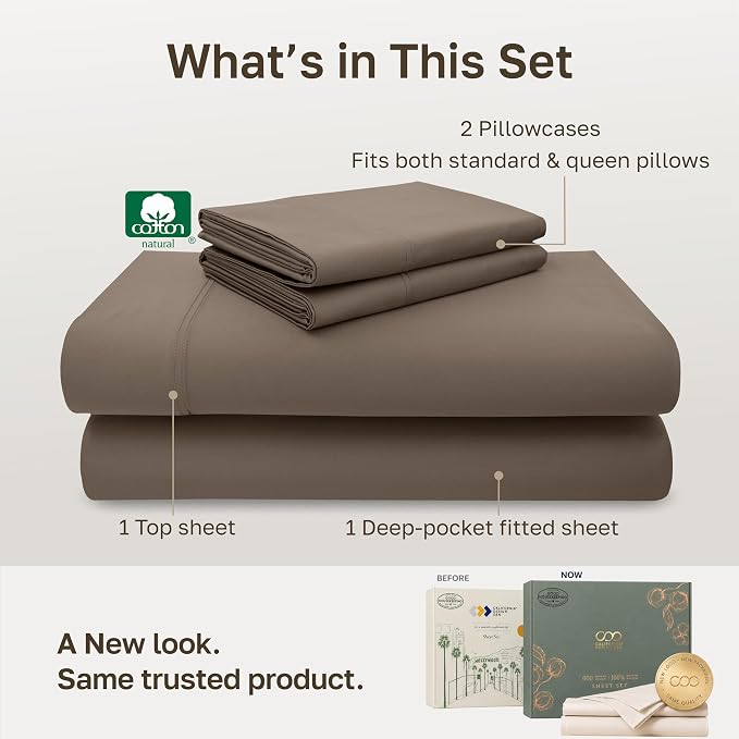 California Design Den Luxury 600 Thread Count Full Sheets, 4 Pcs Set | 100% Cotton Sateen Backed by Good Housekeeping Seal, Soft & Smooth, 16" Deep Pocket, Easy Care - Mushroom - Taupe Brown