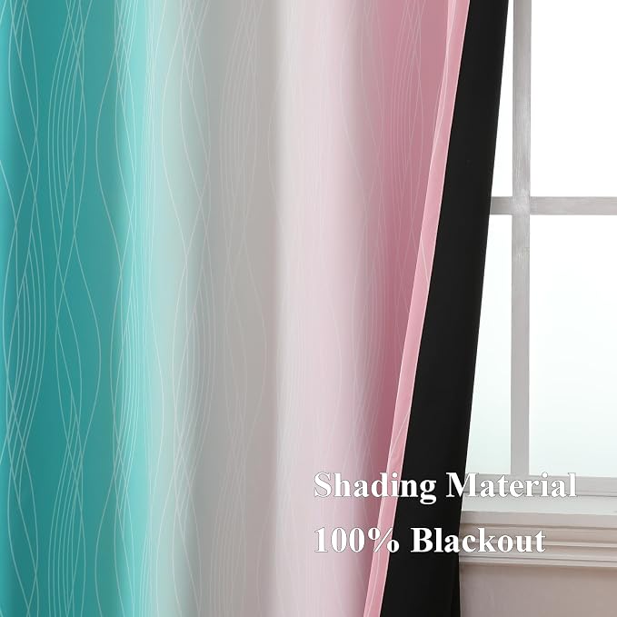 Pink and Teal Ombre Blackout Curtains for Bedroom 63 Inch | Gradient Kids Room Darkening Curtains,Thermal Insulated,Light Blocking Grommet Window Drapes for Living Room,52Wx63L,2 Panels