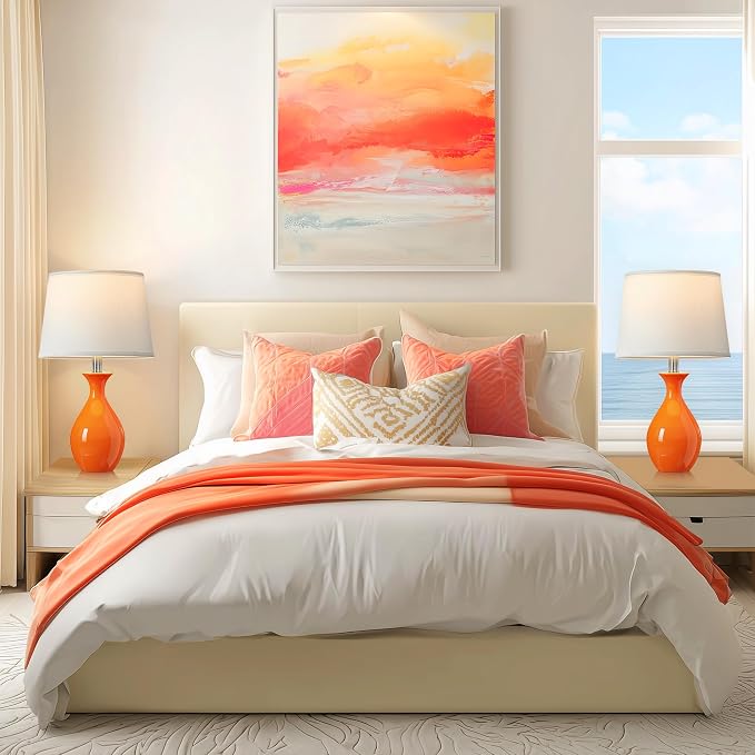 PARTPHONER Table Lamp Set of 2, Modern Ceramic Bedside Lamps for Night Stands, Classic Small Lamp Nightstand Lamp for Bedroom Living Room Desk End Table Rocker Swtich Orange
