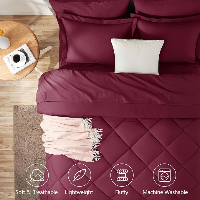 Twin XL Comforter Set with Sheets Burgundy - 5 Pieces Bed in a Bag | College Dorm Essentials, OEKO-TEX Certified, All Season, 240GSM Down-Alternative Comforter, Sheets, Pillowcase & Sham