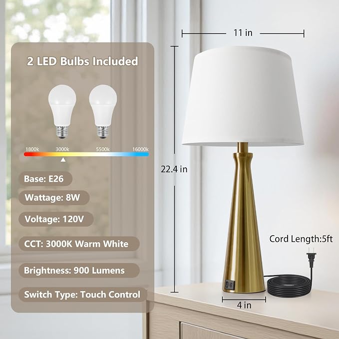 Modern Touch Lamps for Nightstand, 3 Way Dimmable Bedroom Lamp Set of 2 | USB C+A Charging Ports, Gold Bedside Lamps for Bedroom, Living Room, End Table, Bed Side, LED Bulb Included