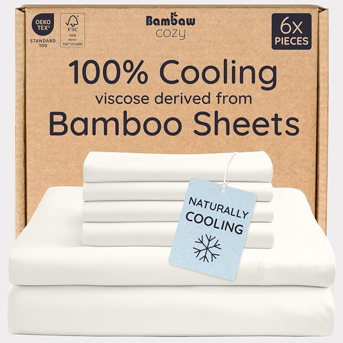 Bambaw Queen Sheet Set 6pcs – 100% Viscose Derived from Bamboo Sheets Queen Size Deep Pocket, Fits Up to 16'' with Elastic Corner Straps, Breathable & Cooling Sheets, Bedding for Night Sweats (Ivory)