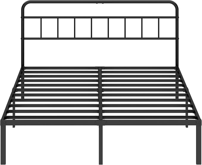 Queen Bed Frame with Classic Headboard, Black | Strong Metal Slats Support, Under Bed Storage Space, No Box Spring Needed, Easy to Assemble