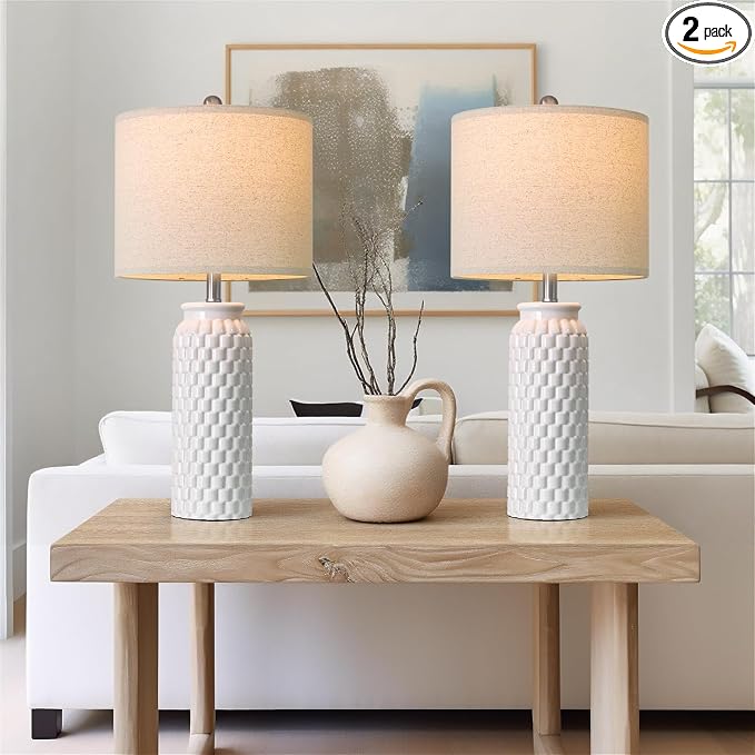 USumkky 27" Ceramic Table Lamps Set of 2 - Modern Farmhouse & Boho Style, Bedside Nightstand Lamps for Bedroom, Living Room End Table Lamps, Small Desk Lamp(White)