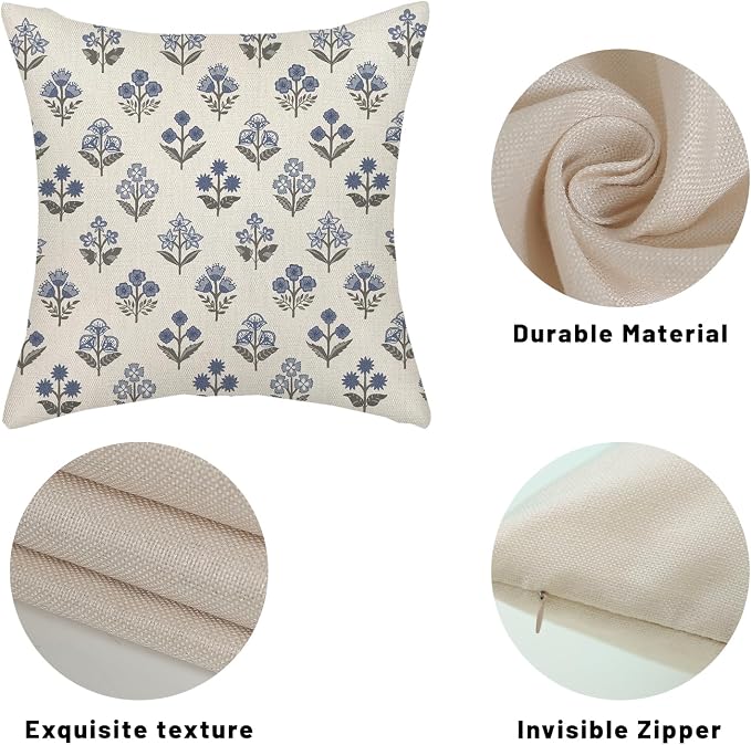 Blue Grey Pillow Covers 16x16 Inch 2 Pcs Gray Block Print Vintage Floral Decor Throw Pillows Boho Flower Spring Summer Outdoor Seasonal Decoration Pillowcase Linen Cushion Cover for Couch Sofa