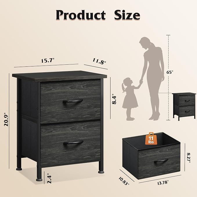 WLIVE Night Stand, Small Dresser with 2 Drawers & Wooden Top, Nightstand with Fabric Bins, Bedside Table End Table for Bedroom, Closet, Entryway, College Dorm, Charcoal Black | Nightstand with Fabric Bins, Bedside Table End Table for Bedroom, Kids Room