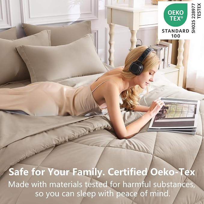 Oversized King Size Comforter Set Khaki - 7 Pieces Bed in a Bag | OEKO-TEX Certified, All Season, 240GSM Down-Alternative Comforter, Sheets, Pillowcases & Shams, 14" Deep Pocket, Easy Care
