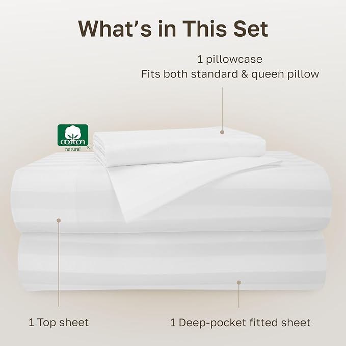 California Design Den 100% Cotton Sateen Twin Size Bed Sheets Set, 3 Pcs | Soft 500 Thread Count Backed by Good Housekeeping Seal, All-Around Elastic, Easy Care, OEKO-TEX certified - White Striped