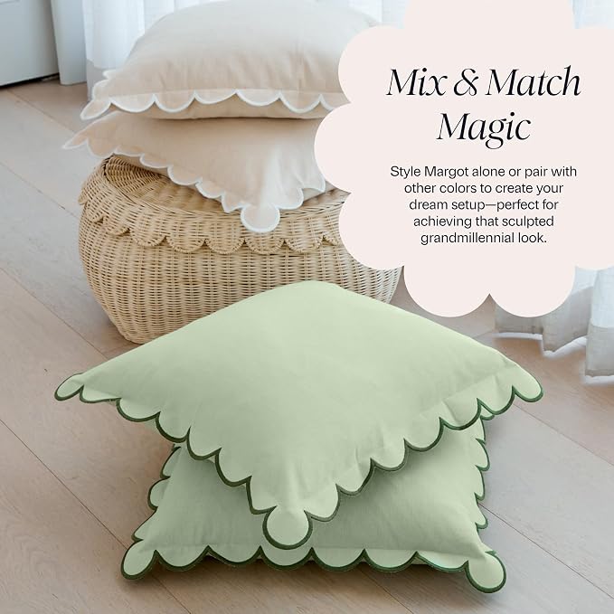 BEBE BASK Scalloped Pillow Cover Set of 2, 18x18, Cotton - Moss Green | 100% Cotton, Scallop Pillow Covers, Grandmillennial Style, 18 by 18 Inch, Easy to Care, Machine Washable, Scalloped Pillows