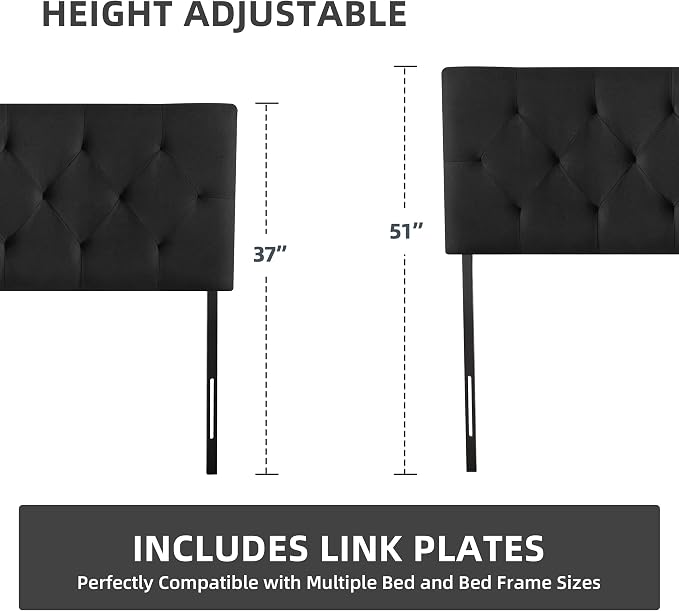 Linen Headboard Queen Size Only, Adjustable Height 37-51 in, Black | Diamond Tufting Solid Wood Queen Headboards, Durable Metal Legs, Upholstered Queen Head Board for Bed Frame, Modern Fabric