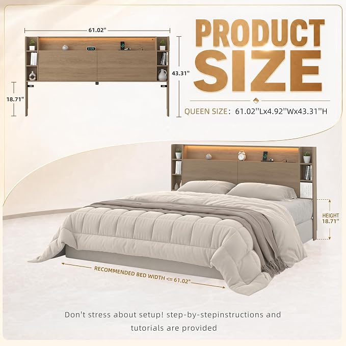 Queen Wall Mount Solid Wood Leg Headboard with Storage | Headboard Only,USB Charging ,Rgb Light,Modern backboard,Integrated fit,Sturdy and Stable Bed Board