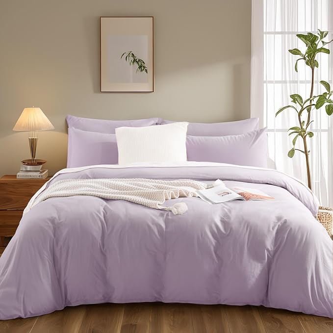 NEXHOME PRO Duvet Cover Set 100% Washed Cotton Oversized Queen 98"x98", Organic Natural Linen Look Textured 3 Pieces Bedding Set Lavender Lilac with Zipper Closure, Breathable, Soft (No Comforter)
