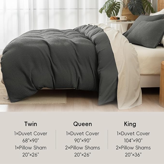 David's Home Soft Textured Waffle Weave Duvet Cover Set, Queen Size, Grey | Breathable Cozy for All Season, 300GSM, 3PCS Home Bedding Decor, OEKO-TEX Certified, Hidden Zipper, 8 Corner Ties, 90" X 90"