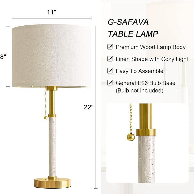 Wood Table Lamps 22" Mid Century Modern Lamps for Bedroom Living Room Lamps | Pull Chain Gold Lamps Set of 2, Mcm Bedside Lamps for Night Stands, Vintage Small Side Table Lamps Buffet Nursery Decor Gifts