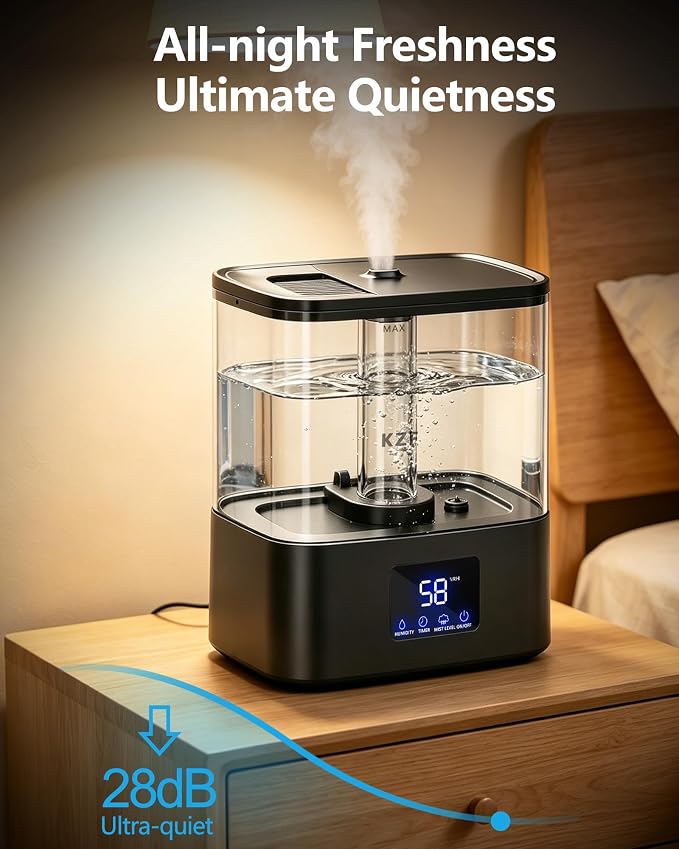 KZF 4L Top Fill Humidifiers for Bedroom & 40H Runtime - Cool Mist Humidifier, 3 Mist Levels, 8H Timer, Essential Oil Tray, Humidity Display, Quiet for Baby, Plants, Large Room (Black, 4L)