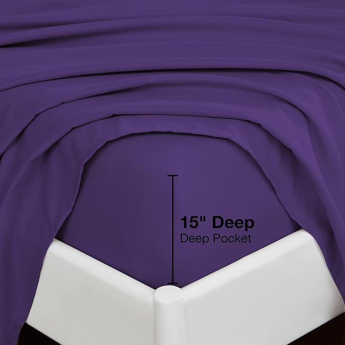 Softan Microfiber King Sheet Set with Non-Slip Corner Straps, Purple | 15" Deep Pocket Fitted Bed Sheets, Double Brushed Microfiber, Sheets & Pillowcase for All Season