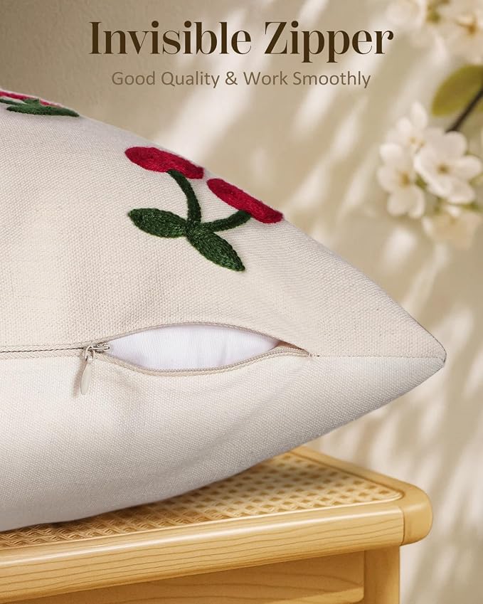 Embroidered Throw Pillow Cover 18x18 Inch - Spring Summer Boho Decorative Pillow Cover with Zipper for Living Room Couch Sofa Bed Aesthetic Design Little Cherry Cushion Pillowcase (Pack of 2)
