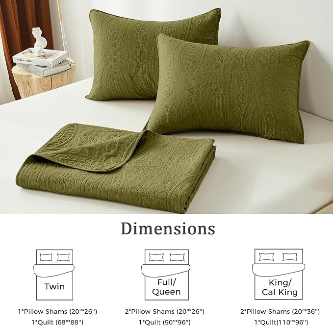akkialla Twin Quilt Set,Olive Green Lightweight Bedspread with Coin Pattern, Soft Microfiber Coverlet for All Seasons, Elegant Modern Home Style (1 Quilt, 1 Pillow Sham)