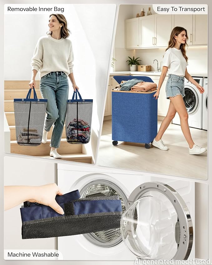 Double Laundry Basket with Wheels and Lid, 150L Clothes Hampers for Laundry | Large Laundry Hamper with 2 Sections & Removable Liner Bags, Rolling Dirty Clothes Basket for Bedroom Bathroom Dorm College