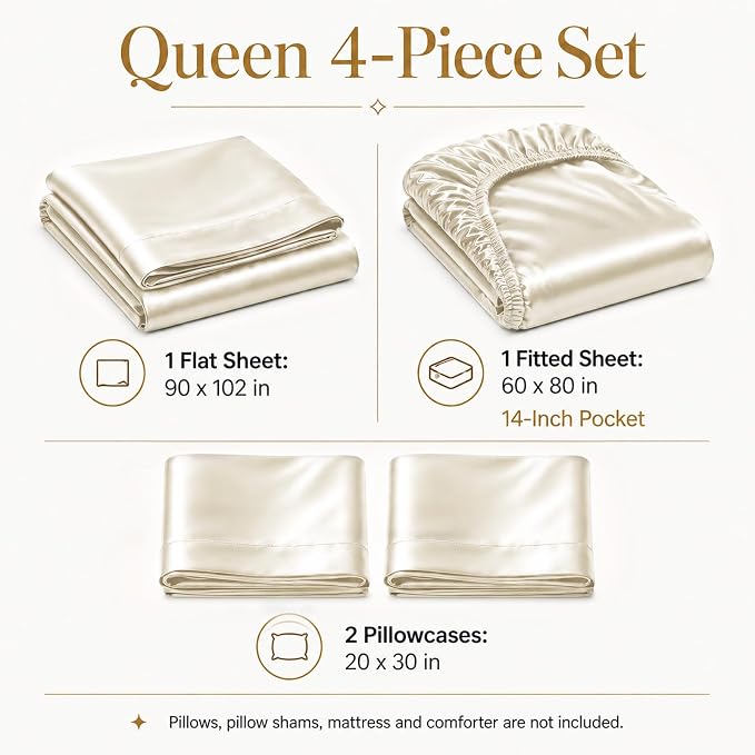 CozyLux Satin Sheets Queen, 4-Piece 14-Inch Deep Pocket Sheet Set | OEKO-TEX Certified Silky Soft Sheet Set for Hair & Skin, Luxurious Silky-Smooth Satin for Elegant Bedroom Decor, Beige