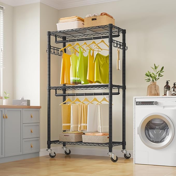 VIPEK R2 Mini Rolling Clothes Rack Portable Closet for Hanging Clothes | Lockable Silent Wheels, Double Hanging Rods, Adjustable Wire Shelving/Side Hooks, Space-Saving for Small Space, 450lbs, Black