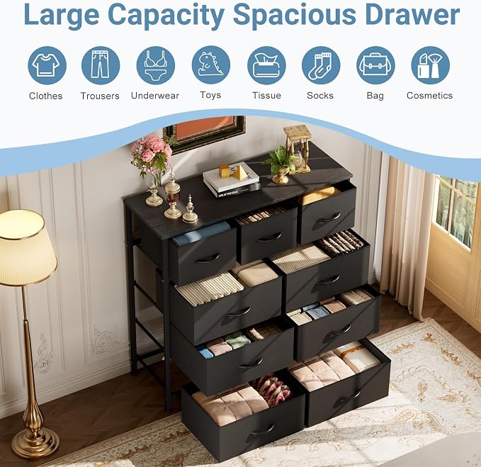 DUMOS Dresser for Bedroom, Storage Organizer with 9 Drawers | Chest of Drawers with Fabric Bins, Sturdy Metal Frame, Wood Tabletop for Guest Room, Closet, Entryway, Solid Black