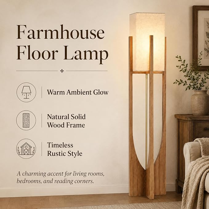 Farmhouse Style Floor Lamp,57 Inch,for Living Room | Natural Wood Frame,Linen Lampshade,Soft Ambient Glow,3000K Warm Light,Suit for Couch Bedroom,Boho Decor