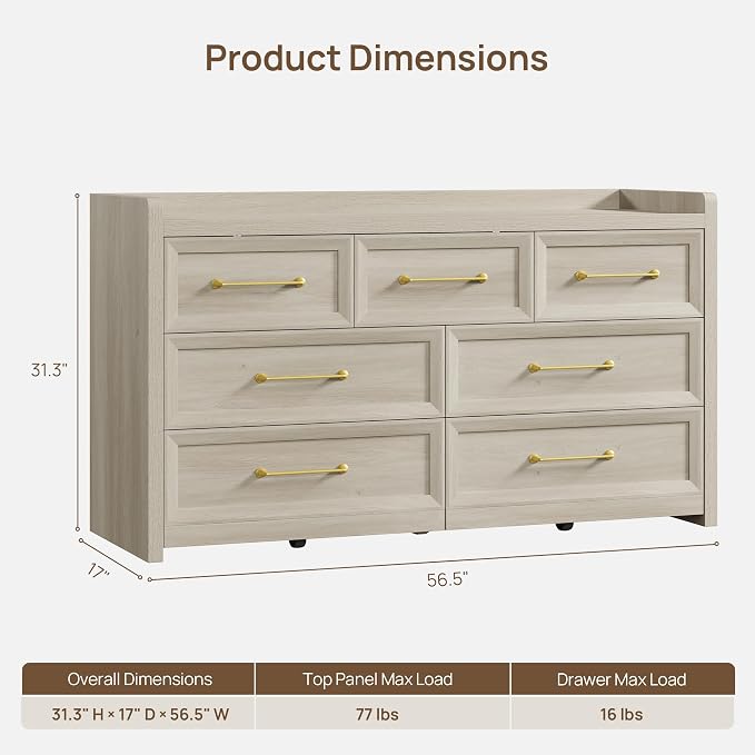 SICOTAS Dresser for Bedroom with 7 Drawers, 56.5" Wide Large Modern Dresser | Chest of Drawers for Living Room, Closet Clothes Storage Organizer Smooth Sliding Drawers, Grey White Oak