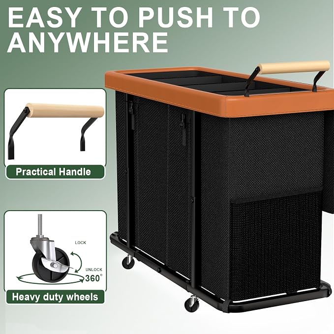 Laundry Hamper 4 Section with Lid, 300L Rolling Basket Hamper with Handle | Laundry Basket with Wheels,Organizer Storage Cart with Sturdy Metal Frame for Laundry Room Black