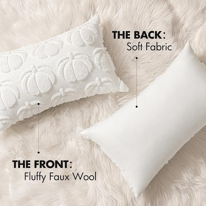 MIULEE Fall Pillow Covers Pumpkin Fall Decor Lumbar 12x20 Pure White | Set of 2 Fall Decorations for Home, Plush Faux Fur Farmhouse Accent Pillowcases, Porch Sofa Couch Cushion Bed Livingroom
