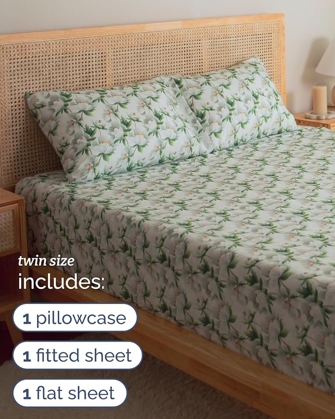 Twin 3 Piece Floral Sheet Set - Breathable & Cooling - White Peony Bloom | 1 Flat, 1 Fitted & 1 Pillowcase w/ Deep Pockets, Boho Botanical Floral Bedding, Breathable & Cooling, Wrinkle & Fade Free