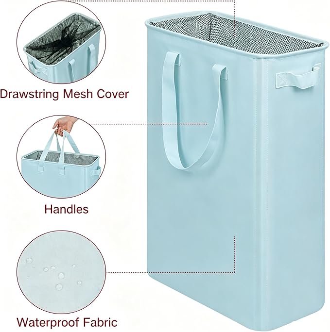 efluky Slim Laundry Basket, Narrow Laundry Hamper with Handles, Collapsible Dirty Clothes Hamper, Tall Laundry Bin for Laundry Room, Dorm and Bedroom, 19.8 Gallon (75L) Sky Blue