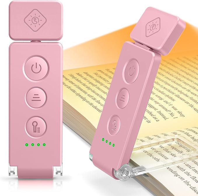 Glocusent Eye-Caring 12 LED Book Light, Compact Rechargeable Reading Light | Wide Full-Page Lighting, 5 Colors & 5 Brightness, Eye-Caring Bed Reading, Up to 100Hrs, Book Lovers, USB-C Rechargeable