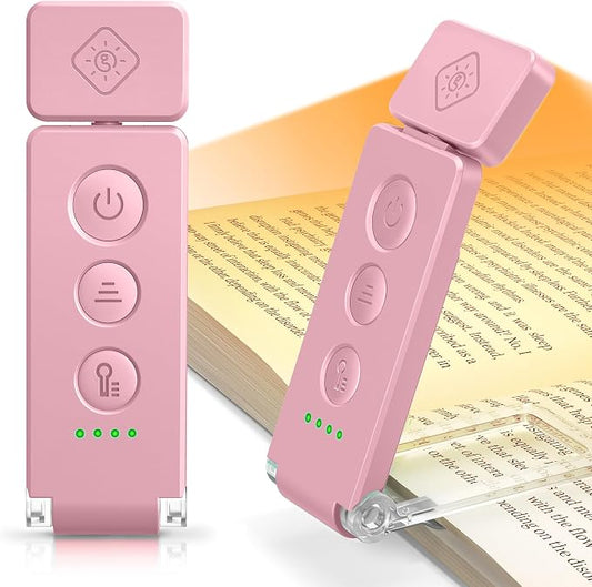 Glocusent Eye-Caring 12 LED Book Light, Compact Rechargeable Reading Light | Wide Full-Page Lighting, 5 Colors & 5 Brightness, Eye-Caring Bed Reading, Up to 100Hrs, Book Lovers, USB-C Rechargeable