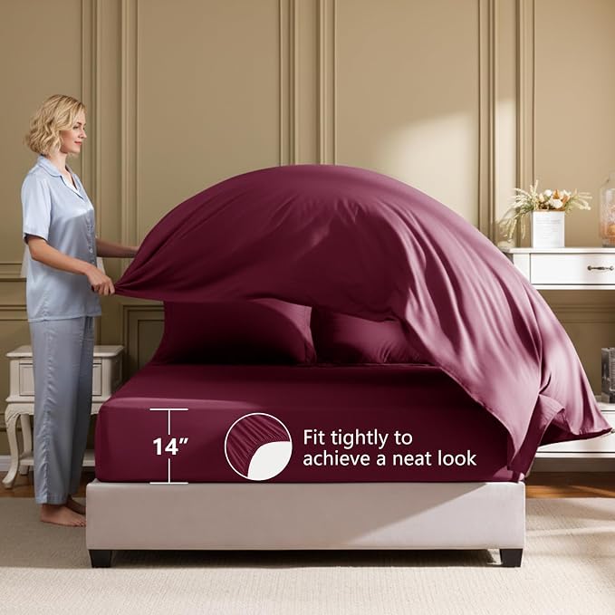 HIMEET Queen Comforter Set, 7-Piece Point-Quilted Bed in a Bag Burgundy | OEKO-TEX Certified, Lightweight 240 GSM Comforter, Flat Sheet, 14-Inch Deep-Pocket Fitted Sheet, Pillowcases & Shams