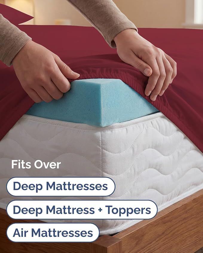 Extra Deep Twin XL Sheet Set - 3 Piece College Dorm Room - Burgundy | Soft, Breathable & Cooling, Easily Fits 18 to 24 inch Mattress, Wrinkle Free & Fade Resistant with Extra Deep Pockets