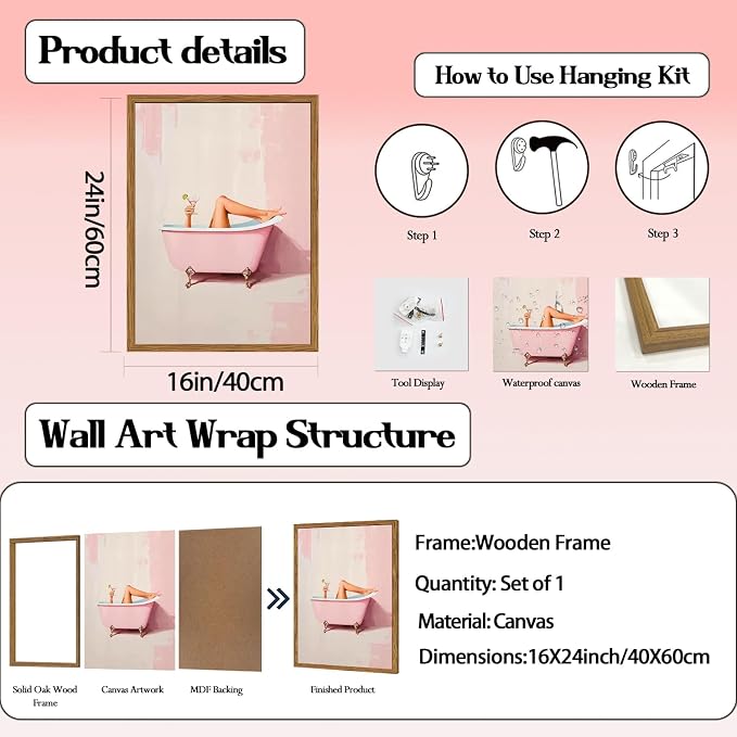 Funny Pink Girl Bathroom Wall Art, Cute Girly Bathtub Wall Decor Painting Trendy Pastel Woman and Martini Bathroom Poster Canvas Print Artwork 16x24 inch Framed
