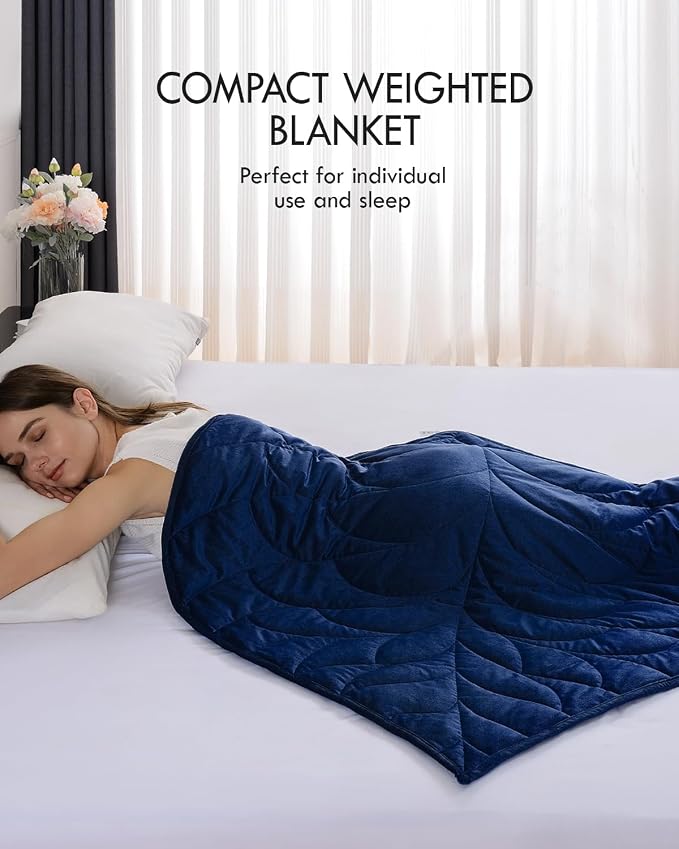 Weighted Lap Blanket for Adults, 7 lbs 41" x 53", Leaf Pattern, Navy Blue | Washable Weighted Blankets, Small Portable Blanket for Relaxation, Cozy Luxury Crystal Velvet All-Season Heavy Blanket