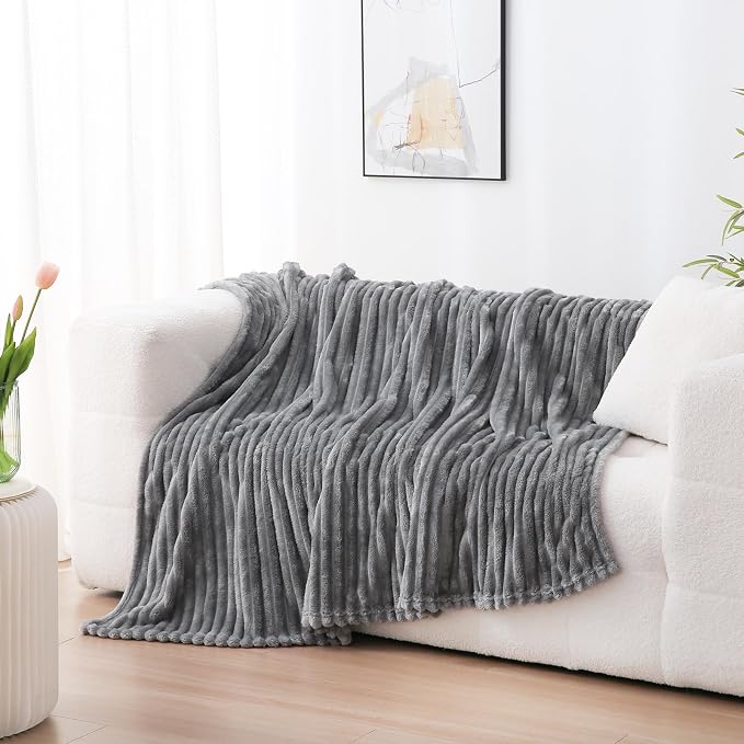 Grey Fleece Throw Blanket 60”×80” for Couch Sofa Livingroom | Super Soft Cozy Plush Microfiber Flannel Bed Blanket Striped Design Lightweight Home Decor Gifts for Adults Mom Women
